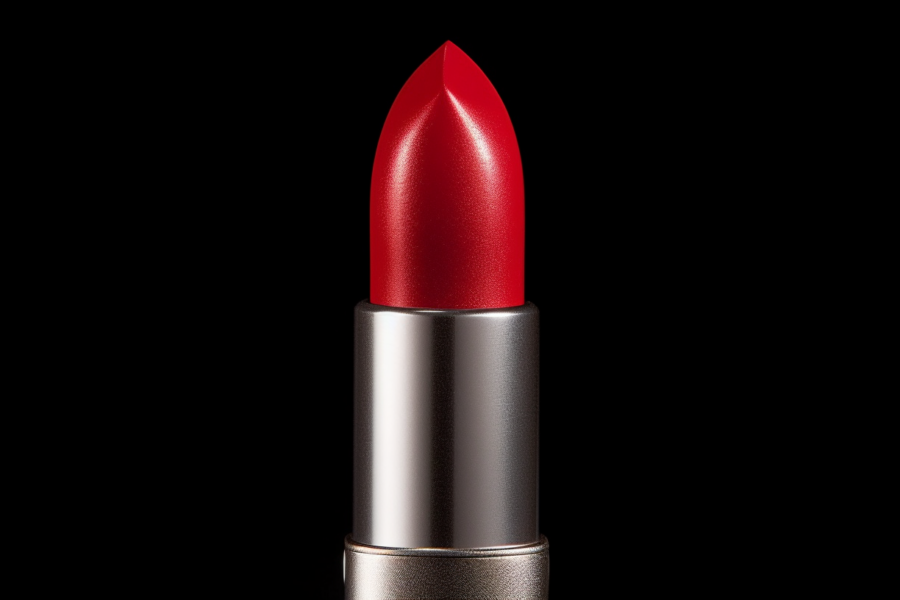 In this image, we see a close-up of a vibrant red lipstick with a shiny silver rim. The lipstick is the focal point, standing out against a dark black background. The red color is bold and eye-catching, with a hint of shine from the silver rim adding a touch of elegance. The lipstick appears to be well-crafted and high-quality. There are no visible objects or people in the frame, allowing the viewer to focus solely on the beauty of the lipstick. The image is well-lit, showcasing the rich color and texture of the lipstick.