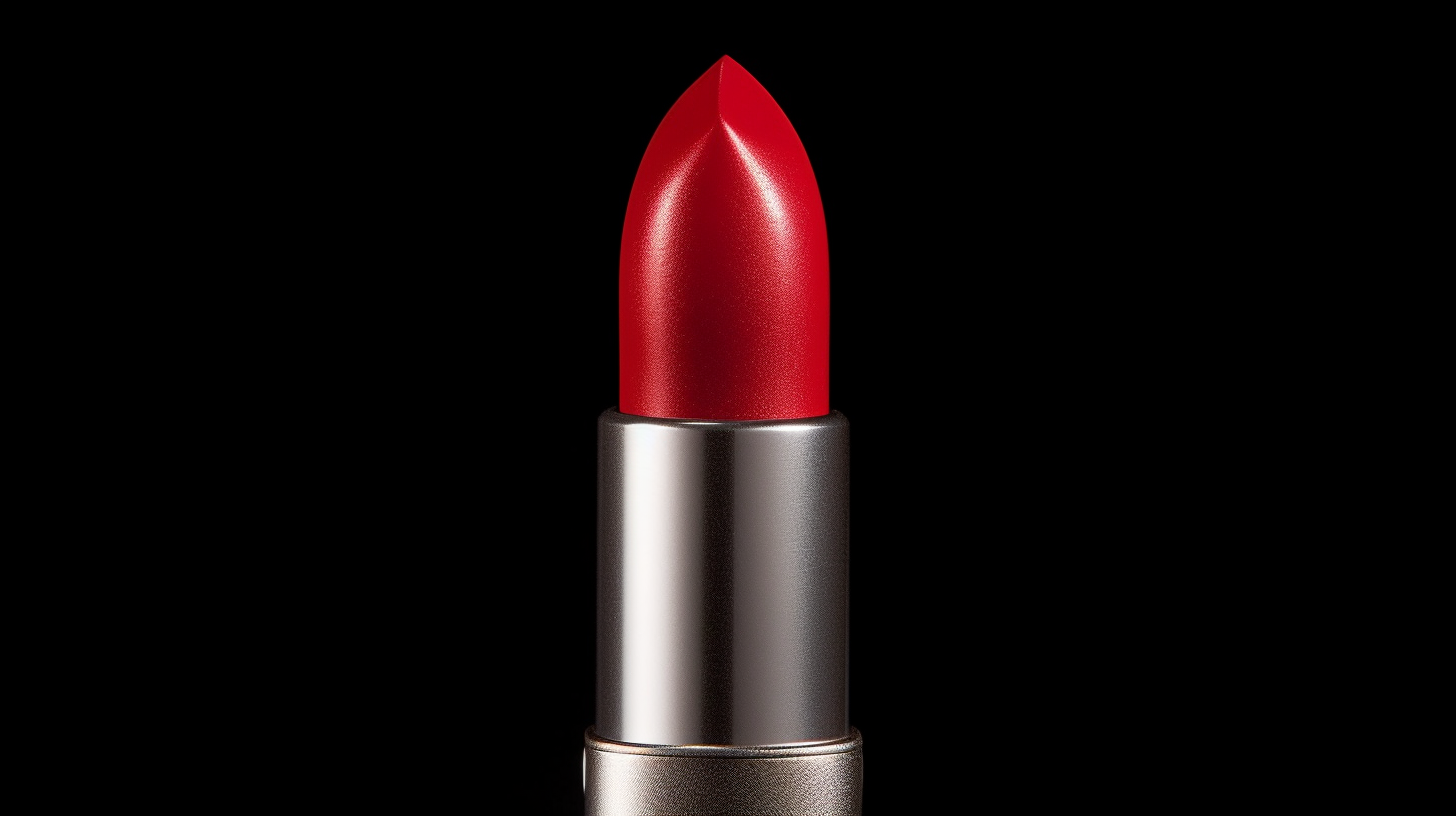 In this image, we see a close-up of a vibrant red lipstick with a shiny silver rim. The lipstick is the focal point, standing out against a dark black background. The red color is bold and eye-catching, with a hint of shine from the silver rim adding a touch of elegance. The lipstick appears to be well-crafted and high-quality. There are no visible objects or people in the frame, allowing the viewer to focus solely on the beauty of the lipstick. The image is well-lit, showcasing the rich color and texture of the lipstick.