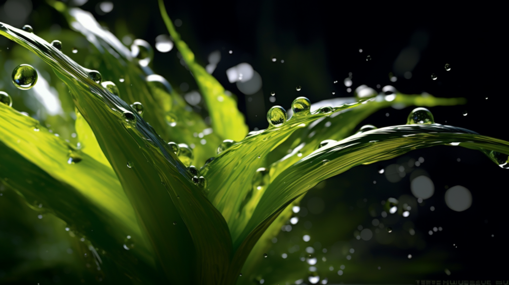 A close up image of a vibrant green plant showcasing water droplets on its leaves. The water droplets glisten under the light, adding a sense of freshness and purity to the scene. The leaves are a rich shade of green, providing a stark contrast to the clear water droplets. The overall composition gives off a serene and tranquil vibe, as if capturing a moment of nature''s beauty after a light rain shower. The details of the droplets and the texture of the leaves are clearly visible, creating a visually captivating image of nature''s simple wonders.