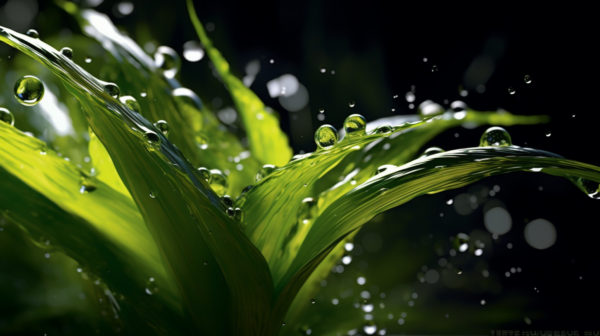A close up image of a vibrant green plant showcasing water droplets on its leaves. The water droplets glisten under the light, adding a sense of freshness and purity to the scene. The leaves are a rich shade of green, providing a stark contrast to the clear water droplets. The overall composition gives off a serene and tranquil vibe, as if capturing a moment of nature''s beauty after a light rain shower. The details of the droplets and the texture of the leaves are clearly visible, creating a visually captivating image of nature''s simple wonders.