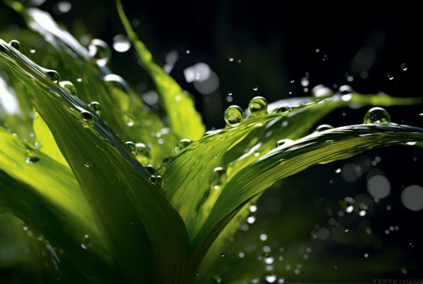 A close up image of a vibrant green plant showcasing water droplets on its leaves. The water droplets glisten under the light, adding a sense of freshness and purity to the scene. The leaves are a rich shade of green, providing a stark contrast to the clear water droplets. The overall composition gives off a serene and tranquil vibe, as if capturing a moment of nature''s beauty after a light rain shower. The details of the droplets and the texture of the leaves are clearly visible, creating a visually captivating image of nature''s simple wonders.