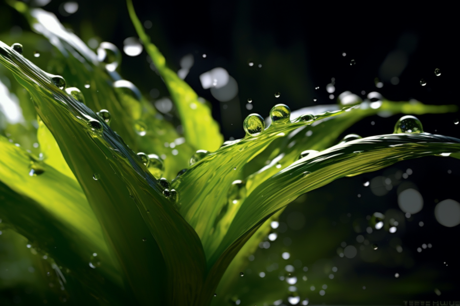 A close up image of a vibrant green plant showcasing water droplets on its leaves. The water droplets glisten under the light, adding a sense of freshness and purity to the scene. The leaves are a rich shade of green, providing a stark contrast to the clear water droplets. The overall composition gives off a serene and tranquil vibe, as if capturing a moment of nature''s beauty after a light rain shower. The details of the droplets and the texture of the leaves are clearly visible, creating a visually captivating image of nature''s simple wonders.