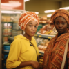 Two women are standing inside a store surrounded by various products. One woman is wearing a yellow jacket and a striped turban, while the other woman is wearing a white shirt. The women are holding a bag and a hat can be seen in the background. The store appears to be well-stocked with items such as bottles and cabinets/shelves. Both women seem to be browsing the store, with one woman looking at the camera. The image captures a casual shopping scene with a diverse range of products available for purchase.