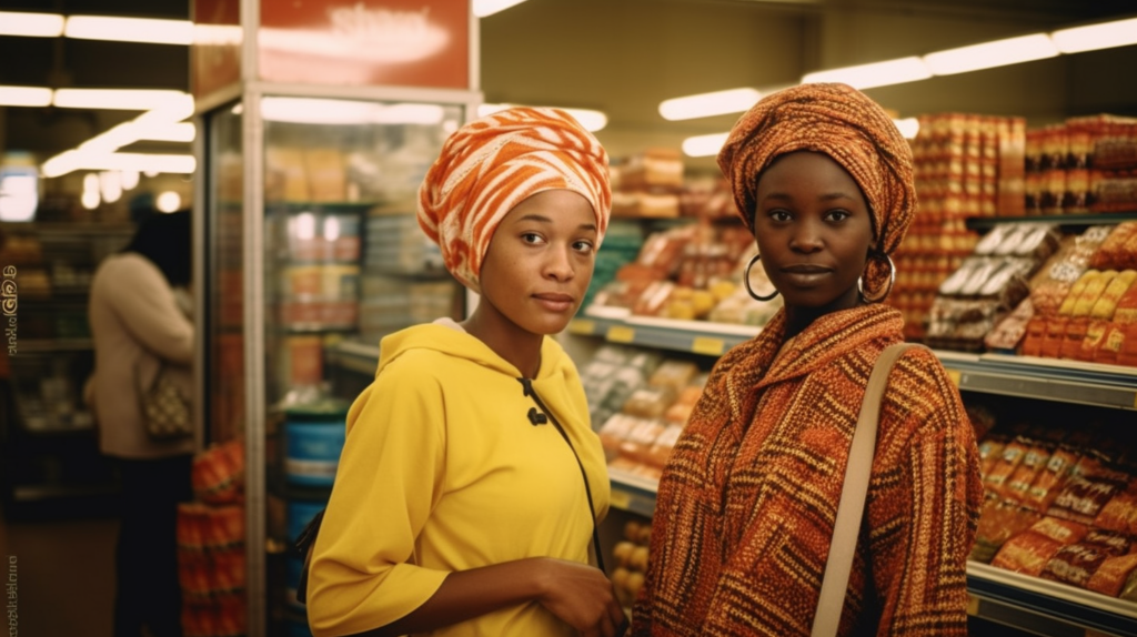 Two women are standing inside a store surrounded by various products. One woman is wearing a yellow jacket and a striped turban, while the other woman is wearing a white shirt. The women are holding a bag and a hat can be seen in the background. The store appears to be well-stocked with items such as bottles and cabinets/shelves. Both women seem to be browsing the store, with one woman looking at the camera. The image captures a casual shopping scene with a diverse range of products available for purchase.