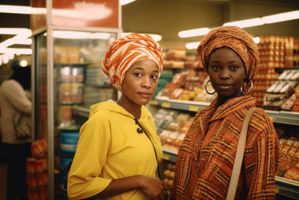 Two women are standing inside a store surrounded by various products. One woman is wearing a yellow jacket and a striped turban, while the other woman is wearing a white shirt. The women are holding a bag and a hat can be seen in the background. The store appears to be well-stocked with items such as bottles and cabinets/shelves. Both women seem to be browsing the store, with one woman looking at the camera. The image captures a casual shopping scene with a diverse range of products available for purchase.