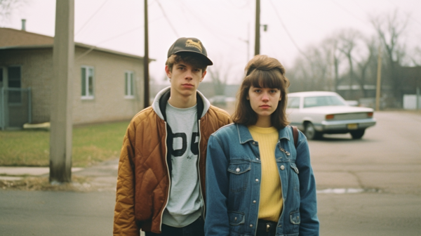 In this image, we see a young man and a young woman standing in a parking lot. The man is wearing a blue jacket and has a hat on, while the woman is wearing a yellow sweater and a denim jacket. They are both looking towards the camera. In the background, there is a car parked behind them. The man appears to be holding a cell phone. The setting is a typical urban parking lot with buildings and a road visible in the distance. The couple seems to be in a casual pose, possibly waiting or chatting.