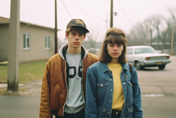 In this image, we see a young man and a young woman standing in a parking lot. The man is wearing a blue jacket and has a hat on, while the woman is wearing a yellow sweater and a denim jacket. They are both looking towards the camera. In the background, there is a car parked behind them. The man appears to be holding a cell phone. The setting is a typical urban parking lot with buildings and a road visible in the distance. The couple seems to be in a casual pose, possibly waiting or chatting.