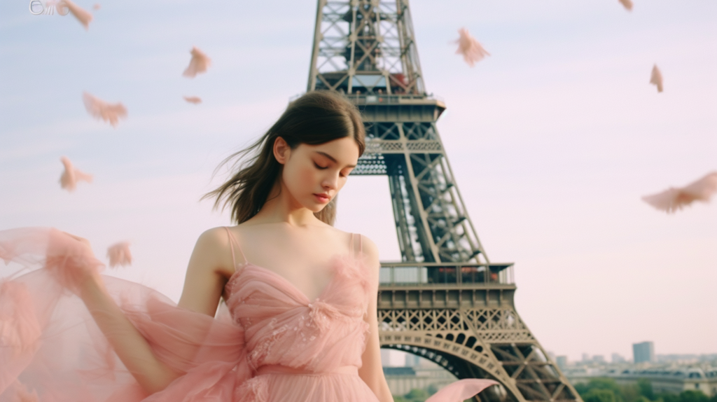 A beautiful young woman wearing a pink dress is striking a pose in front of the iconic Eiffel Tower in Paris. The woman is standing confidently, with the Eiffel Tower towering behind her. The scene is serene and picturesque, with the woman adding a touch of elegance to the already stunning backdrop. The pink dress complements the romantic ambiance of the setting, creating a lovely contrast against the steel structure of the Eiffel Tower. The woman''s posture exudes grace and poise, making her the focal point of the image against the backdrop of the famous landmark.