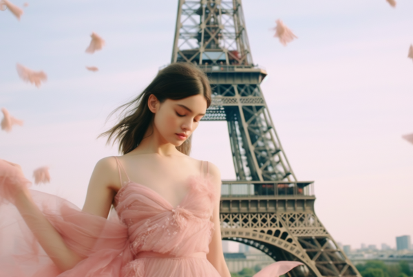 A beautiful young woman wearing a pink dress is striking a pose in front of the iconic Eiffel Tower in Paris. The woman is standing confidently, with the Eiffel Tower towering behind her. The scene is serene and picturesque, with the woman adding a touch of elegance to the already stunning backdrop. The pink dress complements the romantic ambiance of the setting, creating a lovely contrast against the steel structure of the Eiffel Tower. The woman''s posture exudes grace and poise, making her the focal point of the image against the backdrop of the famous landmark.