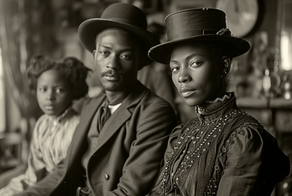 In this black and white photo, we see a man and a woman sitting next to each other. The man is wearing a suit and a hat, while the woman is wearing a sun hat. The man appears to be in his thirties, and the woman looks to be in her thirties as well. Next to them, there is a young girl, around five years old, sitting on the man''s lap. The woman is elegantly dressed in a Victorian-style outfit. The image exudes a classic and timeless vibe, capturing a moment of togetherness and elegance.