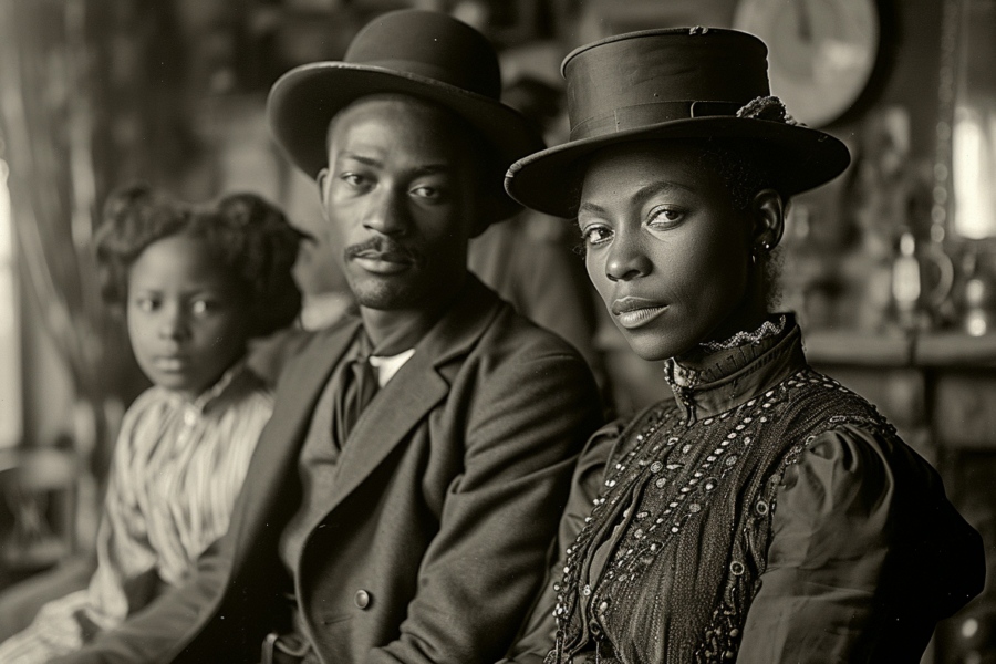 In this black and white photo, we see a man and a woman sitting next to each other. The man is wearing a suit and a hat, while the woman is wearing a sun hat. The man appears to be in his thirties, and the woman looks to be in her thirties as well. Next to them, there is a young girl, around five years old, sitting on the man''s lap. The woman is elegantly dressed in a Victorian-style outfit. The image exudes a classic and timeless vibe, capturing a moment of togetherness and elegance.