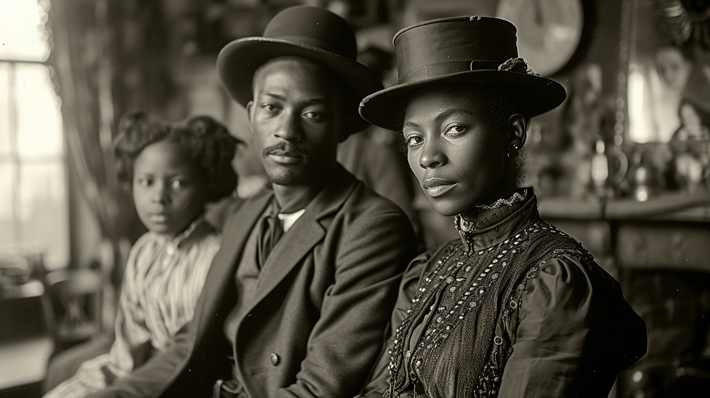 In this black and white photo, we see a man and a woman sitting next to each other. The man is wearing a suit and a hat, while the woman is wearing a sun hat. The man appears to be in his thirties, and the woman looks to be in her thirties as well. Next to them, there is a young girl, around five years old, sitting on the man''s lap. The woman is elegantly dressed in a Victorian-style outfit. The image exudes a classic and timeless vibe, capturing a moment of togetherness and elegance.