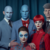 A diverse group of individuals is depicted in the image, with some appearing to have blue skin and makeup. The group includes individuals of varying ages and genders, dressed in suits, dresses, and formal attire. One person stands out with red hair, while others have blue faces. The scene suggests a sense of unity and creativity, as the individuals seem to be part of a performance or event where they have adorned themselves in colorful makeup. The image captures a moment of camaraderie and artistic expression, with each person bringing their unique style to the group.
