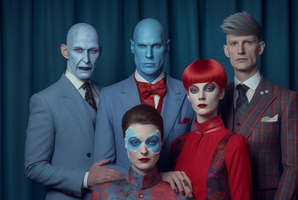 A diverse group of individuals is depicted in the image, with some appearing to have blue skin and makeup. The group includes individuals of varying ages and genders, dressed in suits, dresses, and formal attire. One person stands out with red hair, while others have blue faces. The scene suggests a sense of unity and creativity, as the individuals seem to be part of a performance or event where they have adorned themselves in colorful makeup. The image captures a moment of camaraderie and artistic expression, with each person bringing their unique style to the group.