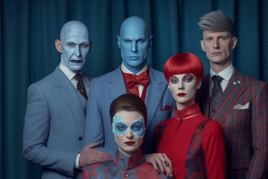 A diverse group of individuals is depicted in the image, with some appearing to have blue skin and makeup. The group includes individuals of varying ages and genders, dressed in suits, dresses, and formal attire. One person stands out with red hair, while others have blue faces. The scene suggests a sense of unity and creativity, as the individuals seem to be part of a performance or event where they have adorned themselves in colorful makeup. The image captures a moment of camaraderie and artistic expression, with each person bringing their unique style to the group.