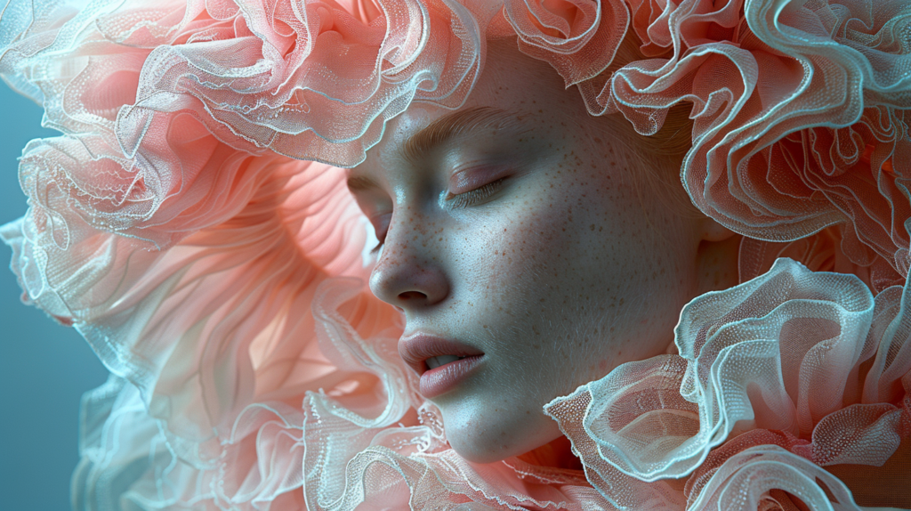 In this image, we see a woman with frilly hair and a frilly hat. The woman''s hair is styled in a unique and intricate way, adding a touch of whimsy to her overall look. She is wearing a pink dress that complements her hat perfectly. The focus is on her face, which has a soft and gentle expression. The woman has freckles on her cheeks, adding to her natural beauty. The background is blurred, emphasizing the woman''s features. The color palette includes shades of gray, pink, and brown, creating a soft and feminine aesthetic.