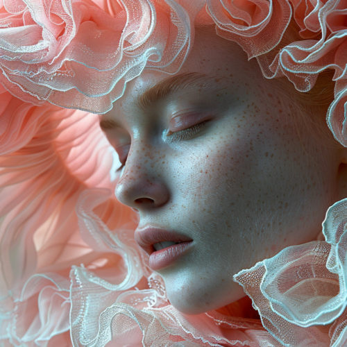 In this image, we see a woman with frilly hair and a frilly hat. The woman''s hair is styled in a unique and intricate way, adding a touch of whimsy to her overall look. She is wearing a pink dress that complements her hat perfectly. The focus is on her face, which has a soft and gentle expression. The woman has freckles on her cheeks, adding to her natural beauty. The background is blurred, emphasizing the woman''s features. The color palette includes shades of gray, pink, and brown, creating a soft and feminine aesthetic.