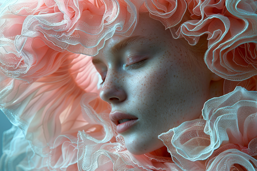 In this image, we see a woman with frilly hair and a frilly hat. The woman''s hair is styled in a unique and intricate way, adding a touch of whimsy to her overall look. She is wearing a pink dress that complements her hat perfectly. The focus is on her face, which has a soft and gentle expression. The woman has freckles on her cheeks, adding to her natural beauty. The background is blurred, emphasizing the woman''s features. The color palette includes shades of gray, pink, and brown, creating a soft and feminine aesthetic.