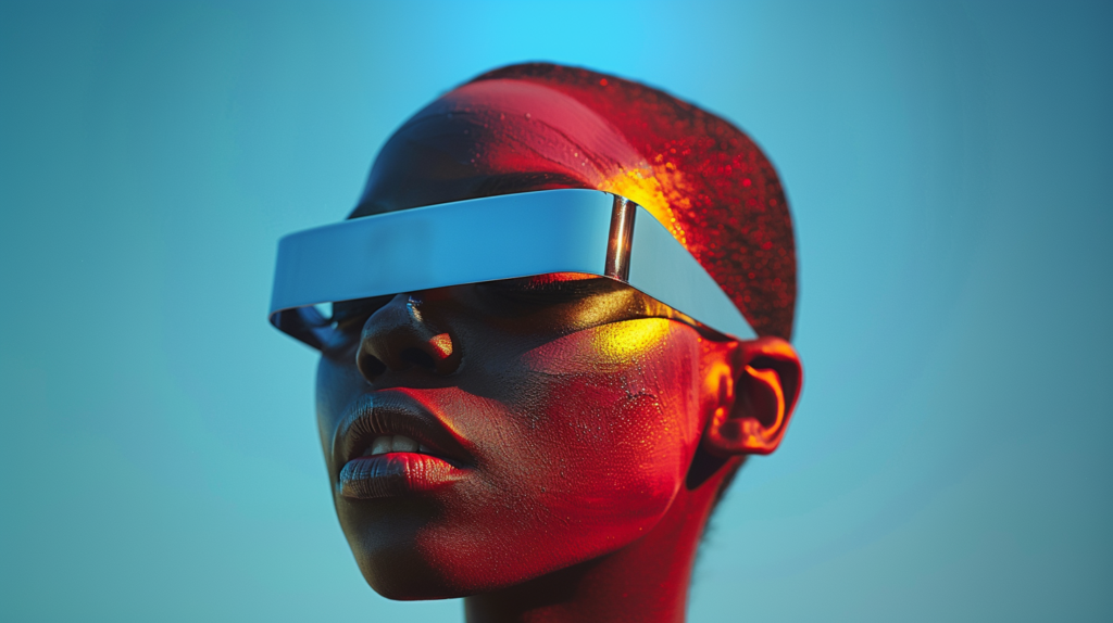 A woman is depicted in the image wearing a pair of glasses with a red light on her face. The woman''s face is the main focus of the image, with the glasses adding a futuristic touch to her appearance. The glasses have a red light emitting from them, creating a striking visual effect. The woman''s expression is not visible, but her features suggest a sense of curiosity or contemplation. The background is not detailed, allowing the viewer to focus solely on the woman and her unique accessory. This image would be perfect for a dataset focused on futuristic fashion or technology.