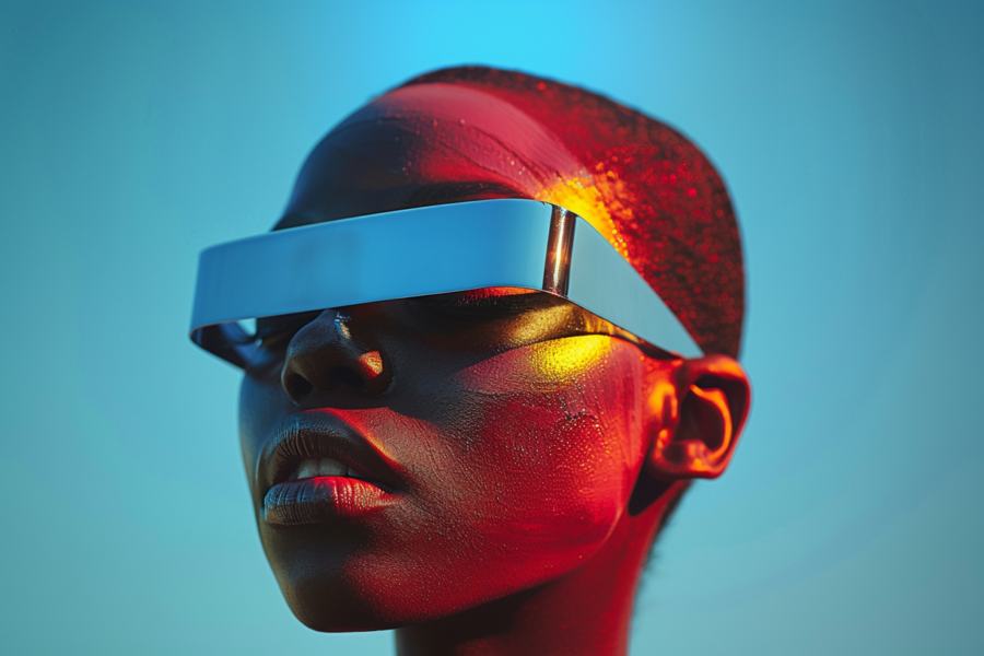 A woman is depicted in the image wearing a pair of glasses with a red light on her face. The woman''s face is the main focus of the image, with the glasses adding a futuristic touch to her appearance. The glasses have a red light emitting from them, creating a striking visual effect. The woman''s expression is not visible, but her features suggest a sense of curiosity or contemplation. The background is not detailed, allowing the viewer to focus solely on the woman and her unique accessory. This image would be perfect for a dataset focused on futuristic fashion or technology.