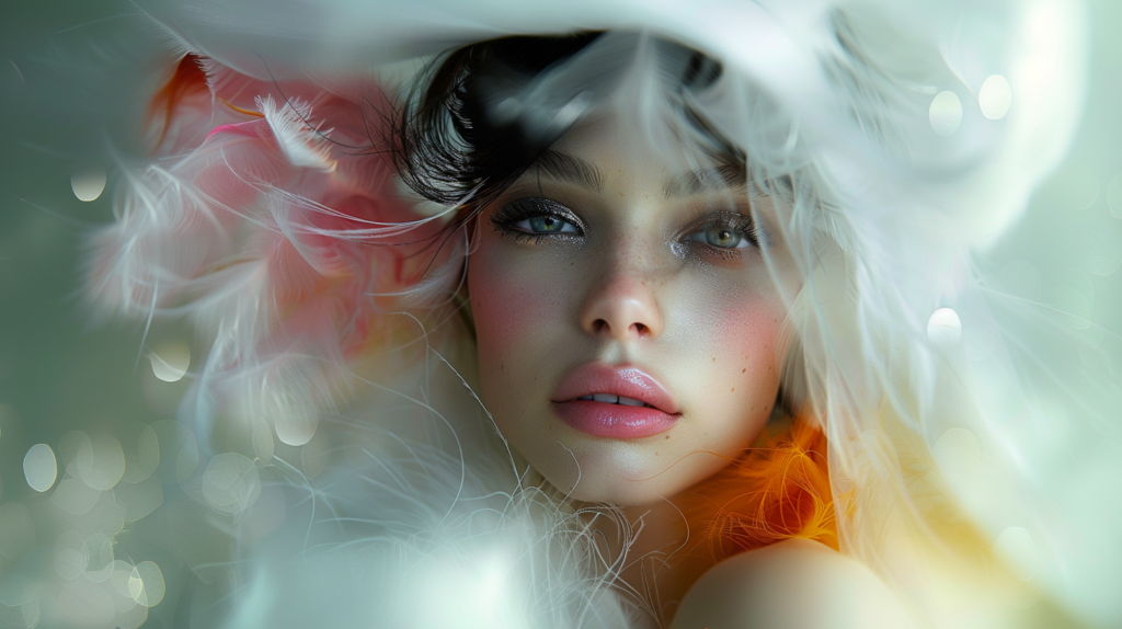A young woman is depicted in the image, wearing a stylish white hat and an eye-catching orange scarf. The woman has long, flowing hair and a beautiful appearance. She is the central focus of the image, with a serene expression on her face. The background is blurred, emphasizing her presence. The woman exudes elegance and grace, and her outfit is completed with a feathered dress. The colors in the image are primarily earth tones, with shades of brown, green, and white. The woman''s gaze is captivating, drawing the viewer in and creating a sense of intimacy.