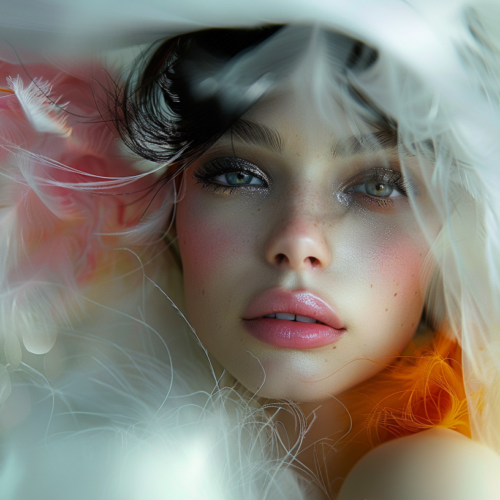 A young woman is depicted in the image, wearing a stylish white hat and an eye-catching orange scarf. The woman has long, flowing hair and a beautiful appearance. She is the central focus of the image, with a serene expression on her face. The background is blurred, emphasizing her presence. The woman exudes elegance and grace, and her outfit is completed with a feathered dress. The colors in the image are primarily earth tones, with shades of brown, green, and white. The woman''s gaze is captivating, drawing the viewer in and creating a sense of intimacy.