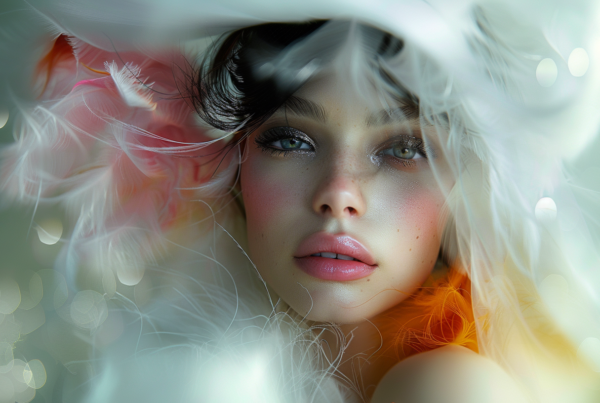 A young woman is depicted in the image, wearing a stylish white hat and an eye-catching orange scarf. The woman has long, flowing hair and a beautiful appearance. She is the central focus of the image, with a serene expression on her face. The background is blurred, emphasizing her presence. The woman exudes elegance and grace, and her outfit is completed with a feathered dress. The colors in the image are primarily earth tones, with shades of brown, green, and white. The woman''s gaze is captivating, drawing the viewer in and creating a sense of intimacy.