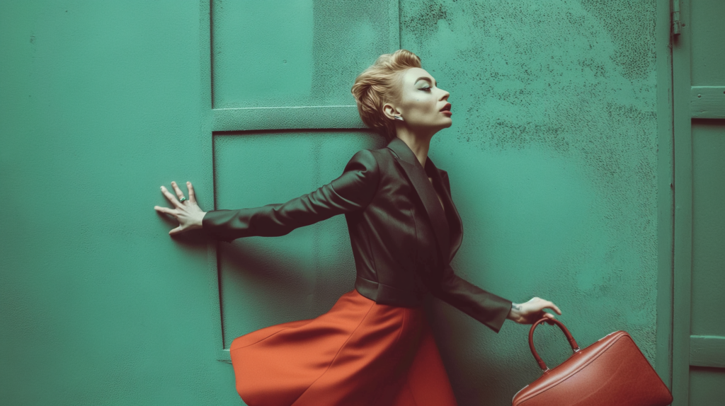 A woman is depicted in the image, leaning against a vibrant green wall. She is wearing a black dress and has her arms outstretched. The woman is carrying a stylish red handbag. The scene is set against a backdrop of a beautifully colored door. The image exudes elegance and style, with the woman''s outfit complementing the surroundings perfectly. The colors in the image include shades of green, red, and brown, creating a visually appealing composition. The overall vibe of the image is fashionable and chic, making it a great addition to a fashion or lifestyle dataset.