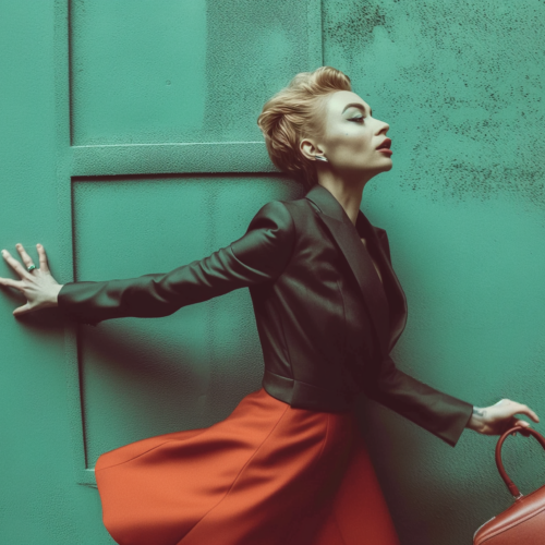 A woman is depicted in the image, leaning against a vibrant green wall. She is wearing a black dress and has her arms outstretched. The woman is carrying a stylish red handbag. The scene is set against a backdrop of a beautifully colored door. The image exudes elegance and style, with the woman''s outfit complementing the surroundings perfectly. The colors in the image include shades of green, red, and brown, creating a visually appealing composition. The overall vibe of the image is fashionable and chic, making it a great addition to a fashion or lifestyle dataset.