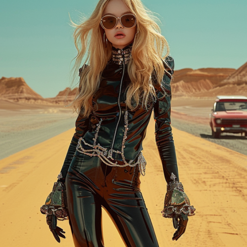 A woman in a black leather outfit and sunglasses stands confidently on a desert road, with a rugged SUV parked nearby. She exudes a sense of power and independence. The woman''s outfit includes leather gloves, adding to her edgy look. Her stylish glasses complement her attire perfectly. In the background, the sandy desert landscape stretches out, emphasizing the isolated and adventurous nature of the scene. The woman''s bold fashion choices and the rugged desert setting create a striking contrast, making this image a captivating blend of strength and style.