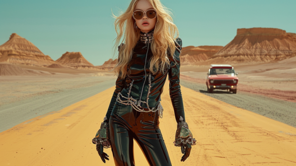 A woman in a black leather outfit and sunglasses stands confidently on a desert road, with a rugged SUV parked nearby. She exudes a sense of power and independence. The woman''s outfit includes leather gloves, adding to her edgy look. Her stylish glasses complement her attire perfectly. In the background, the sandy desert landscape stretches out, emphasizing the isolated and adventurous nature of the scene. The woman''s bold fashion choices and the rugged desert setting create a striking contrast, making this image a captivating blend of strength and style.