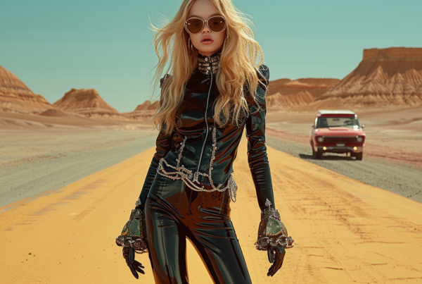 A woman in a black leather outfit and sunglasses stands confidently on a desert road, with a rugged SUV parked nearby. She exudes a sense of power and independence. The woman''s outfit includes leather gloves, adding to her edgy look. Her stylish glasses complement her attire perfectly. In the background, the sandy desert landscape stretches out, emphasizing the isolated and adventurous nature of the scene. The woman''s bold fashion choices and the rugged desert setting create a striking contrast, making this image a captivating blend of strength and style.