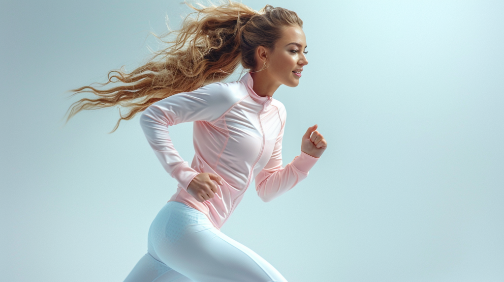 In this image, we see a young woman running energetically. She is wearing a vibrant pink top and crisp white pants. Her long brown hair is blowing in the wind as she moves swiftly. The background shows a blue sky, adding to the sense of freedom and movement. The woman''s facial expression conveys determination and focus. The image is well-composed, with the subject positioned off-center to create a dynamic feel. Overall, the scene captures a moment of physical activity and vitality, with the woman embodying strength and grace.