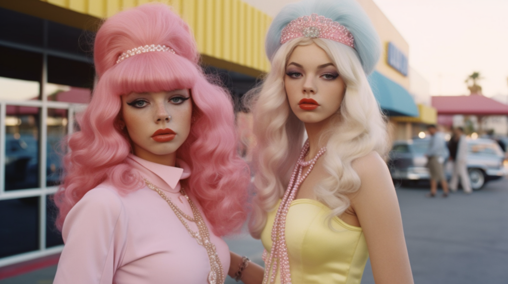 In this image, there are two women with striking pink hair and pink wigs. One of the women is wearing a pearl necklace, while the other woman has a beaded necklace. Both women are dressed in colorful outfits and standing in a vibrant setting. The women appear confident and stylish, showcasing a bold fashion statement. The image exudes a sense of fun and individuality, with the pink hair and wigs adding a playful and eye-catching element. The overall aesthetic is modern and trendy, reflecting a unique and expressive sense of style.