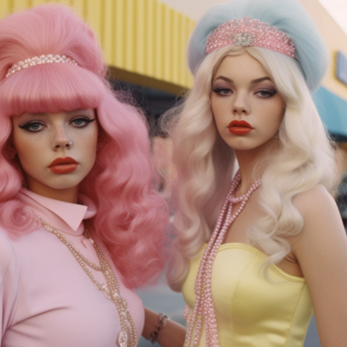 In this image, there are two women with striking pink hair and pink wigs. One of the women is wearing a pearl necklace, while the other woman has a beaded necklace. Both women are dressed in colorful outfits and standing in a vibrant setting. The women appear confident and stylish, showcasing a bold fashion statement. The image exudes a sense of fun and individuality, with the pink hair and wigs adding a playful and eye-catching element. The overall aesthetic is modern and trendy, reflecting a unique and expressive sense of style.
