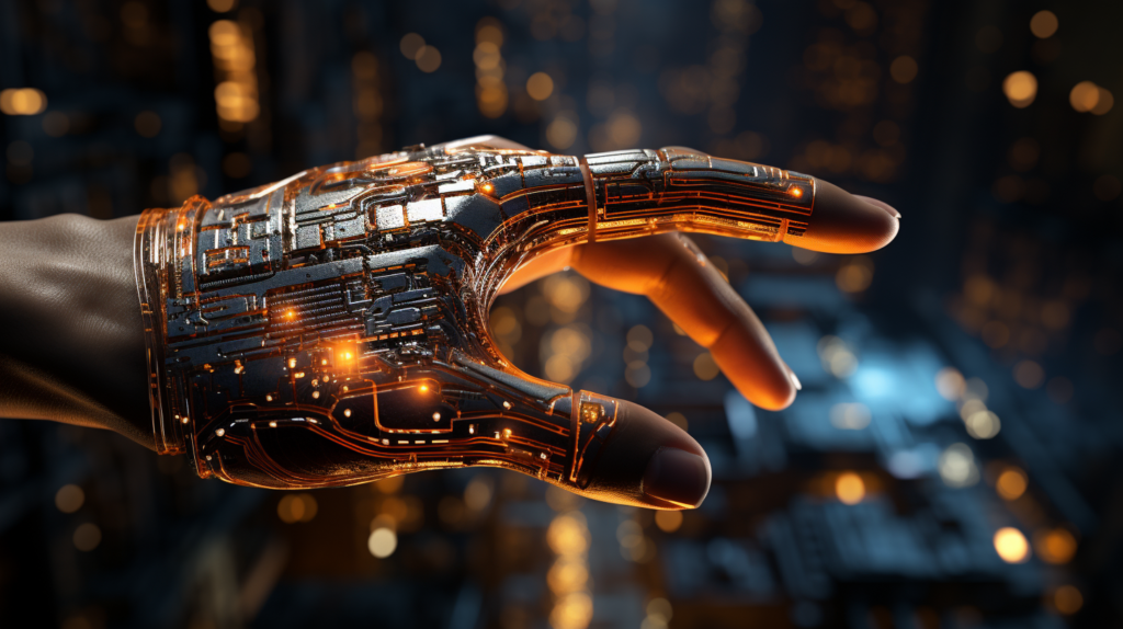 A hand with a futuristic design is depicted in this image. The hand is illuminated by a glowing circuit in the background, giving it a high-tech and advanced appearance. The colors in the image are primarily shades of grey and brown, with a striking accent color of burnt orange. The setting seems to be in a space-like environment, with hints of light and a sense of night. The image exudes a sense of innovation and technology, with a hint of mystery and intrigue. It could be interpreted as a representation of a futuristic cybernetic hand or a technologically enhanced human.