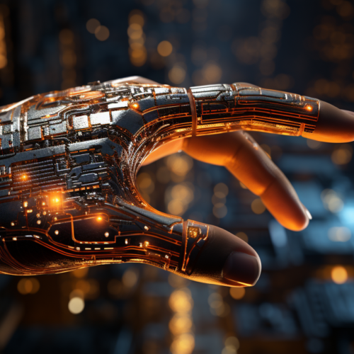 A hand with a futuristic design is depicted in this image. The hand is illuminated by a glowing circuit in the background, giving it a high-tech and advanced appearance. The colors in the image are primarily shades of grey and brown, with a striking accent color of burnt orange. The setting seems to be in a space-like environment, with hints of light and a sense of night. The image exudes a sense of innovation and technology, with a hint of mystery and intrigue. It could be interpreted as a representation of a futuristic cybernetic hand or a technologically enhanced human.
