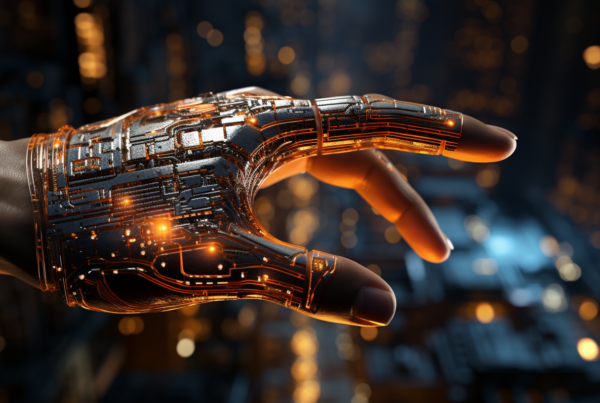 A hand with a futuristic design is depicted in this image. The hand is illuminated by a glowing circuit in the background, giving it a high-tech and advanced appearance. The colors in the image are primarily shades of grey and brown, with a striking accent color of burnt orange. The setting seems to be in a space-like environment, with hints of light and a sense of night. The image exudes a sense of innovation and technology, with a hint of mystery and intrigue. It could be interpreted as a representation of a futuristic cybernetic hand or a technologically enhanced human.