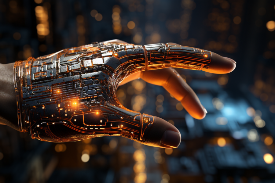 A hand with a futuristic design is depicted in this image. The hand is illuminated by a glowing circuit in the background, giving it a high-tech and advanced appearance. The colors in the image are primarily shades of grey and brown, with a striking accent color of burnt orange. The setting seems to be in a space-like environment, with hints of light and a sense of night. The image exudes a sense of innovation and technology, with a hint of mystery and intrigue. It could be interpreted as a representation of a futuristic cybernetic hand or a technologically enhanced human.