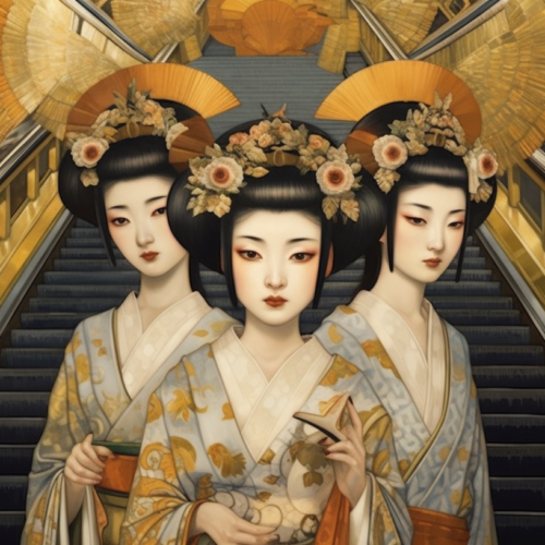 Three geisha women in exquisite kimono robes stand gracefully on an escalator, their traditional attire adorned with intricate floral patterns and elegant accessories. The first geisha, positioned on the left, wears a stunning hat with delicate flowers, while the other two geishas, on the right, showcase beautiful floral hair ornaments. The women exude grace and poise as they ascend the escalator, embodying the essence of Japanese culture and tradition. The scene is both visually captivating and culturally rich, offering a glimpse into the world of geishas and their timeless beauty.