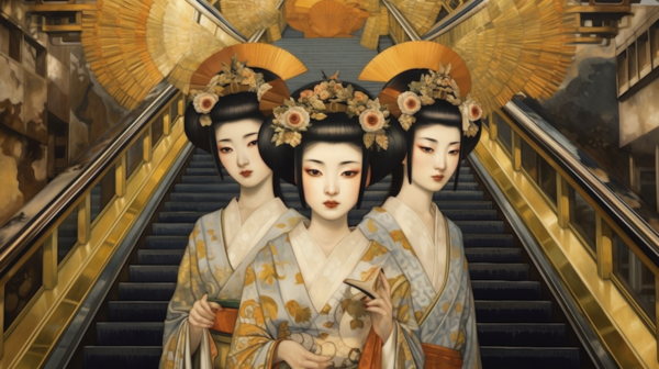 Three geisha women in exquisite kimono robes stand gracefully on an escalator, their traditional attire adorned with intricate floral patterns and elegant accessories. The first geisha, positioned on the left, wears a stunning hat with delicate flowers, while the other two geishas, on the right, showcase beautiful floral hair ornaments. The women exude grace and poise as they ascend the escalator, embodying the essence of Japanese culture and tradition. The scene is both visually captivating and culturally rich, offering a glimpse into the world of geishas and their timeless beauty.