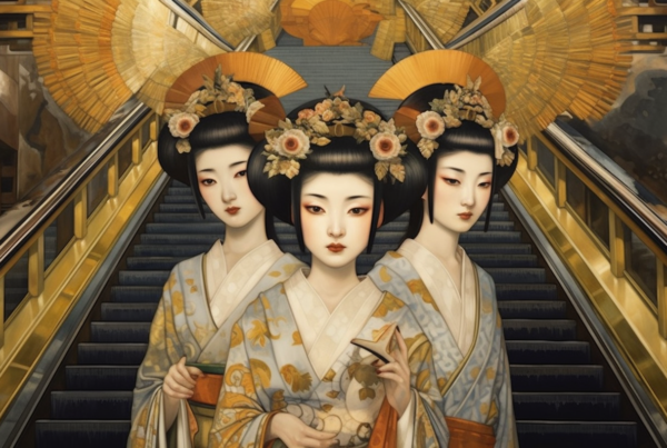 Three geisha women in exquisite kimono robes stand gracefully on an escalator, their traditional attire adorned with intricate floral patterns and elegant accessories. The first geisha, positioned on the left, wears a stunning hat with delicate flowers, while the other two geishas, on the right, showcase beautiful floral hair ornaments. The women exude grace and poise as they ascend the escalator, embodying the essence of Japanese culture and tradition. The scene is both visually captivating and culturally rich, offering a glimpse into the world of geishas and their timeless beauty.