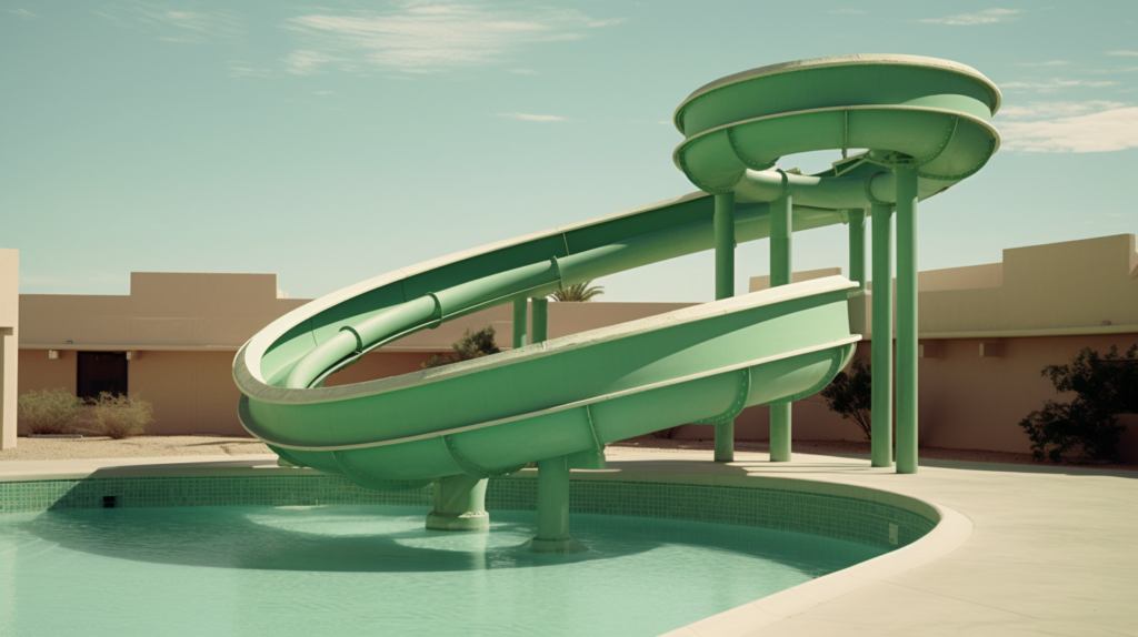 A green water slide is featured in a pool next to a building. The water slide is positioned on the edge of the pool, with its vibrant green color standing out against the surrounding water. The slide appears to curve slightly, adding an element of excitement to the pool area. The building in the background adds to the urban setting of the scene. The pool side is visible next to the slide, providing a place for people to relax and enjoy the pool. Overall, the image captures a fun and inviting atmosphere, perfect for a day of swimming and water slide adventures.
