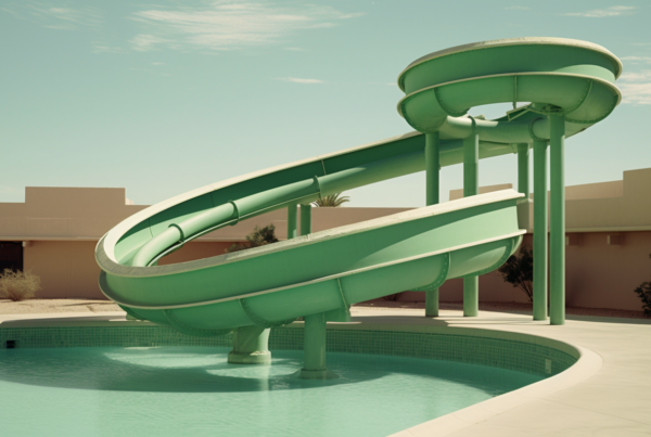 A green water slide is featured in a pool next to a building. The water slide is positioned on the edge of the pool, with its vibrant green color standing out against the surrounding water. The slide appears to curve slightly, adding an element of excitement to the pool area. The building in the background adds to the urban setting of the scene. The pool side is visible next to the slide, providing a place for people to relax and enjoy the pool. Overall, the image captures a fun and inviting atmosphere, perfect for a day of swimming and water slide adventures.