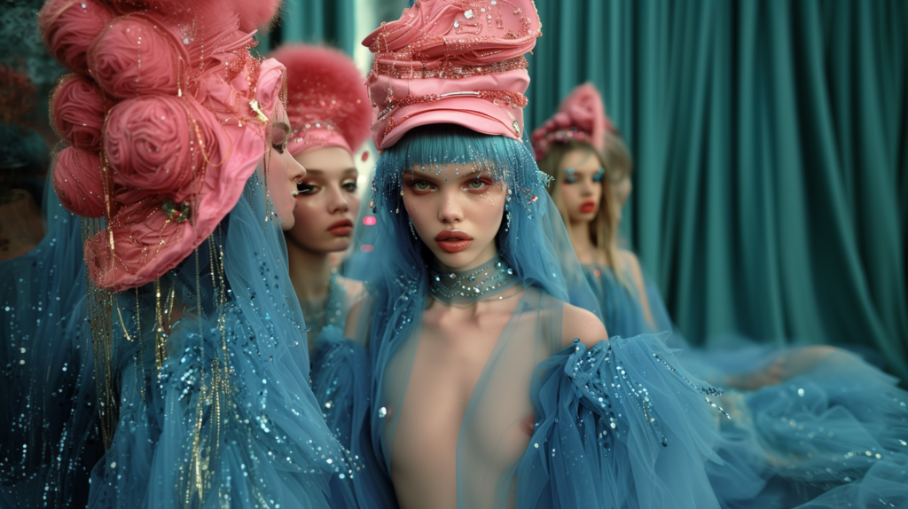 A group of women is gathered together, all wearing elegant blue dresses and eye-catching pink hats. The women are accessorized with necklaces, and some are seen wearing additional hats as well. The scene exudes a sense of fashion and style, with the women appearing confident and poised. The colors of the dresses and hats complement each other beautifully, creating a visually appealing contrast. The women have various hairstyles, and their faces show expressions of happiness and camaraderie. Overall, this image captures a moment of feminine grace and sophistication.