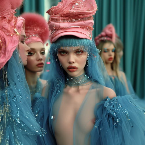 A group of women is gathered together, all wearing elegant blue dresses and eye-catching pink hats. The women are accessorized with necklaces, and some are seen wearing additional hats as well. The scene exudes a sense of fashion and style, with the women appearing confident and poised. The colors of the dresses and hats complement each other beautifully, creating a visually appealing contrast. The women have various hairstyles, and their faces show expressions of happiness and camaraderie. Overall, this image captures a moment of feminine grace and sophistication.