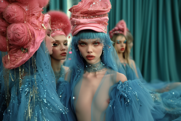 A group of women is gathered together, all wearing elegant blue dresses and eye-catching pink hats. The women are accessorized with necklaces, and some are seen wearing additional hats as well. The scene exudes a sense of fashion and style, with the women appearing confident and poised. The colors of the dresses and hats complement each other beautifully, creating a visually appealing contrast. The women have various hairstyles, and their faces show expressions of happiness and camaraderie. Overall, this image captures a moment of feminine grace and sophistication.