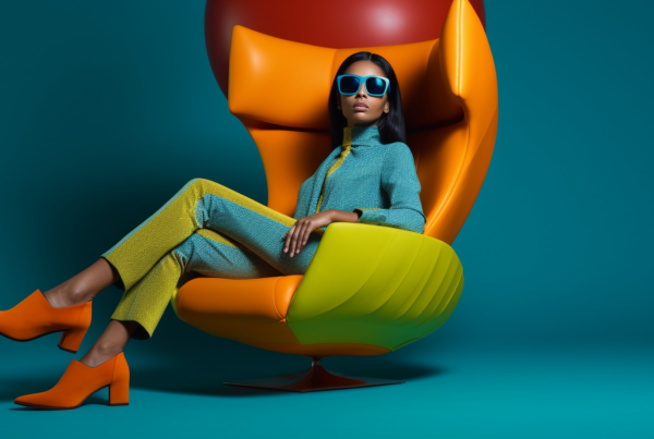 A young woman with brown hair is sitting in a chair against a blue background. She is wearing a bright green jacket and orange high heels. The chair she is sitting on has a large apple on the back. The woman is also wearing sunglasses. Her foot can be seen in one of the images, showcasing the orange shoes she is wearing. The color of the chair is described as vibrant and slightly yellow. The woman appears to be in her twenties and is clearly the main focus of the image.