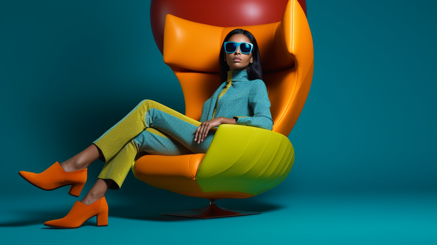A young woman with brown hair is sitting in a chair against a blue background. She is wearing a bright green jacket and orange high heels. The chair she is sitting on has a large apple on the back. The woman is also wearing sunglasses. Her foot can be seen in one of the images, showcasing the orange shoes she is wearing. The color of the chair is described as vibrant and slightly yellow. The woman appears to be in her twenties and is clearly the main focus of the image.