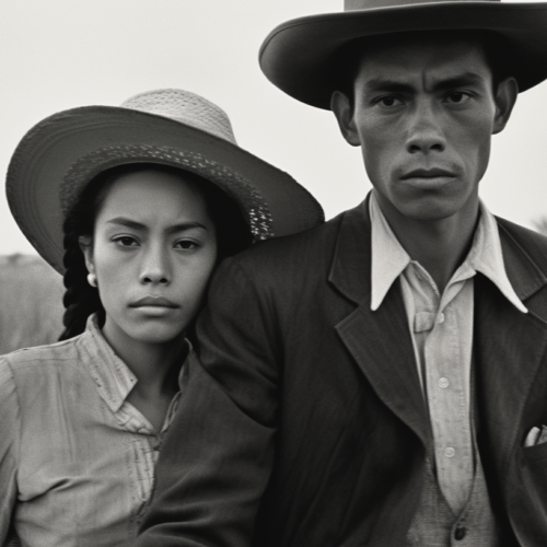 In this black and white photo, we see a man and a woman standing in a field. The man is wearing a suit and a hat, while the woman is also wearing a hat. The man appears to be in his thirties and is standing on the left side of the image. The woman, who looks to be in her twenties, is standing on the right side. The man''s hat is a sun hat style, while the woman''s hat is a more traditional style. The background consists of a vast field, creating a serene and peaceful atmosphere.